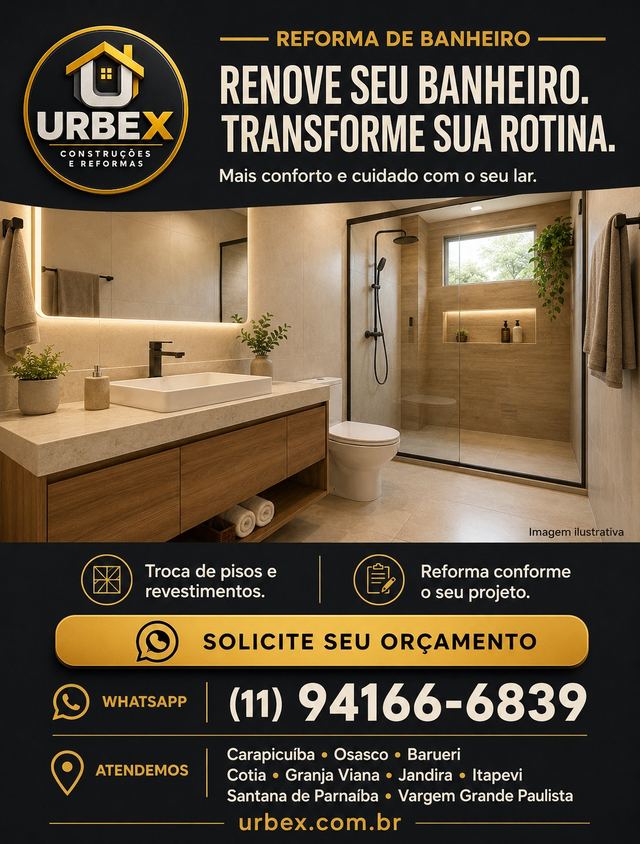 Cartaz URBEX: reforma de banheiro. Renove seu banheiro, troca de pisos e revestimentos, reforma conforme o seu projeto