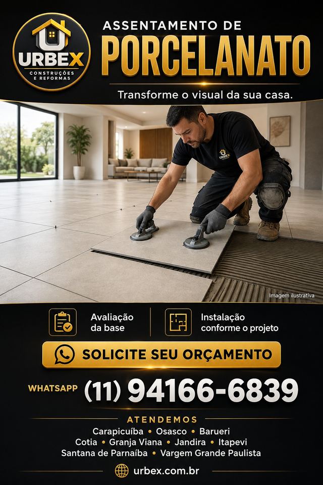 Cartaz URBEX: assentamento de porcelanato, avaliação da base e instalação conforme o projeto